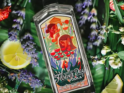 Detroit City Distillery’s Flower Day vodka bottle feature artwork by local artist Ivan Montoya.