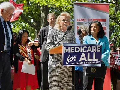 From left: U.S. Senator Bernie Sanders, U.S. Rep. Debbie Dingell, and U.S. Rep. Pramila Jayapal introduce the Medicare for All Act of 2025.