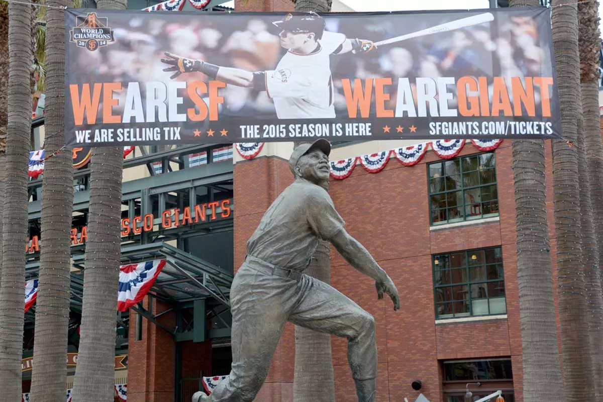 Image: A bronze statue of baseball great Willie Mays in San Francisco.