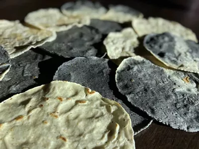 At Vecino, the tortillas might be yellow, pink, or blue.